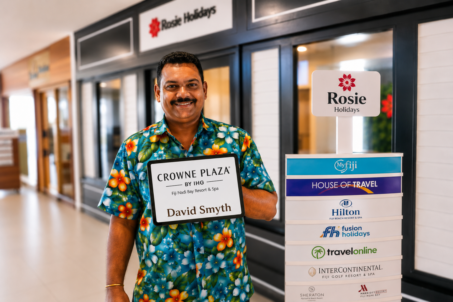 Rosie Holidays driver concierge with Crowne Plaza welcome sign at Nadi Airport